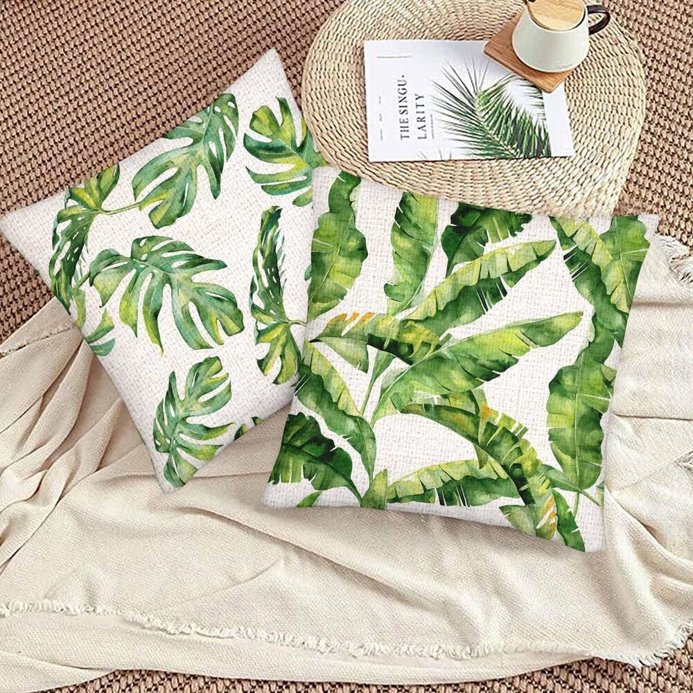 4728 Watercolor Palm Throw Pillow Covers Set of 2,Tropic Summertime Motif - Picture 4 of 7